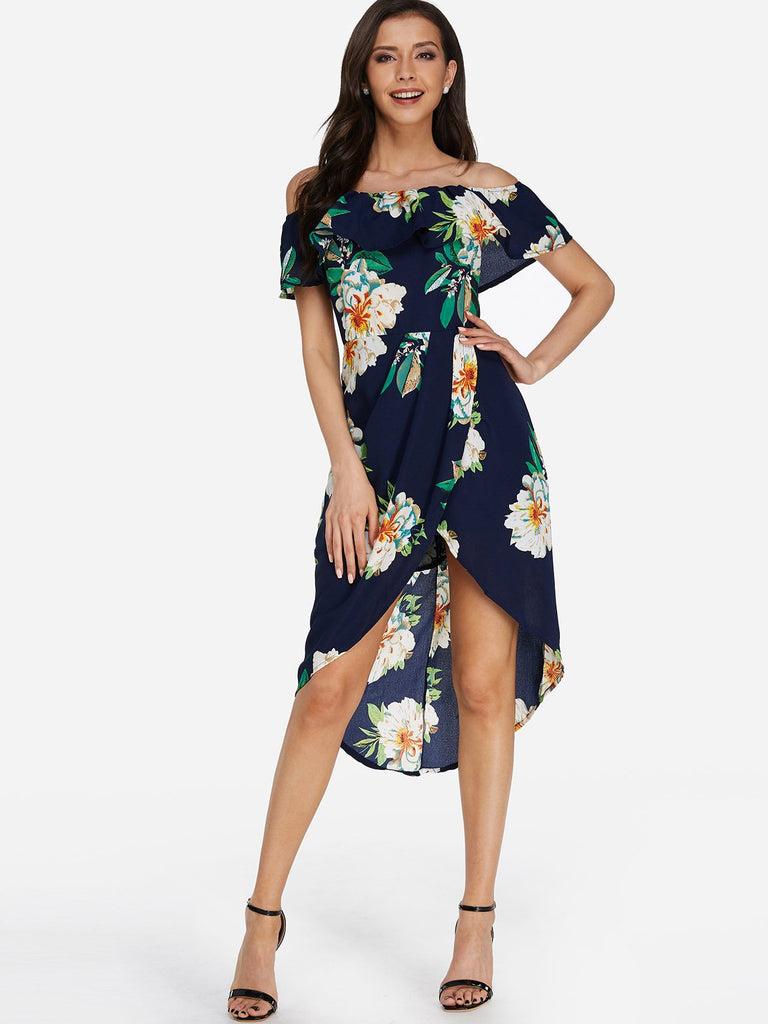 Off The Shoulder Short Sleeve Floral Print Tiered Zip Back Backless Slit Hem Dresses