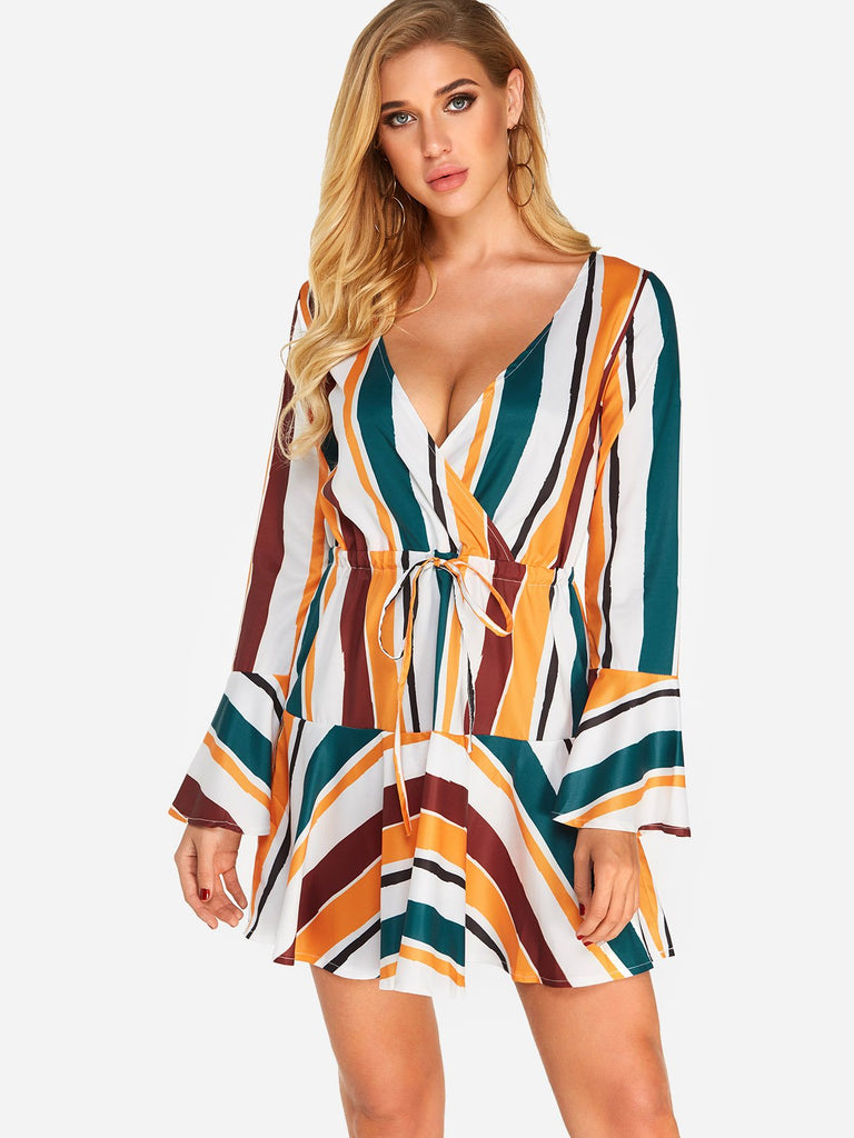 Yellow Deep V Neck Long Sleeve Stripe Floral Print Self-Tie Flounced Hem Dresses