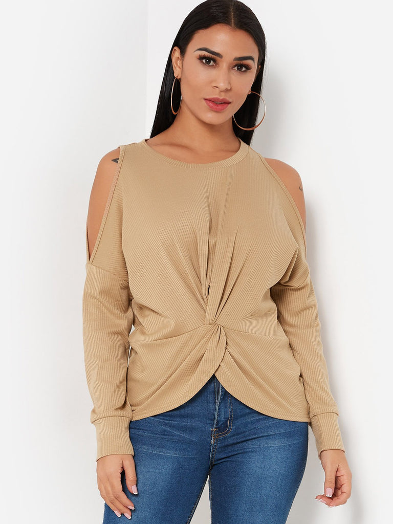 Round Neck Cold Shoulder Pleated Long Sleeve Irregular Hem Apricot T-Shirts