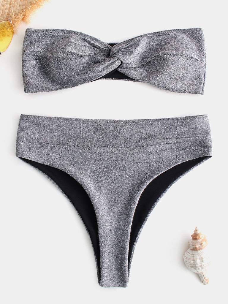 Bateau Plain Crossed Front Twist Sleeveless Grey Bikini Set