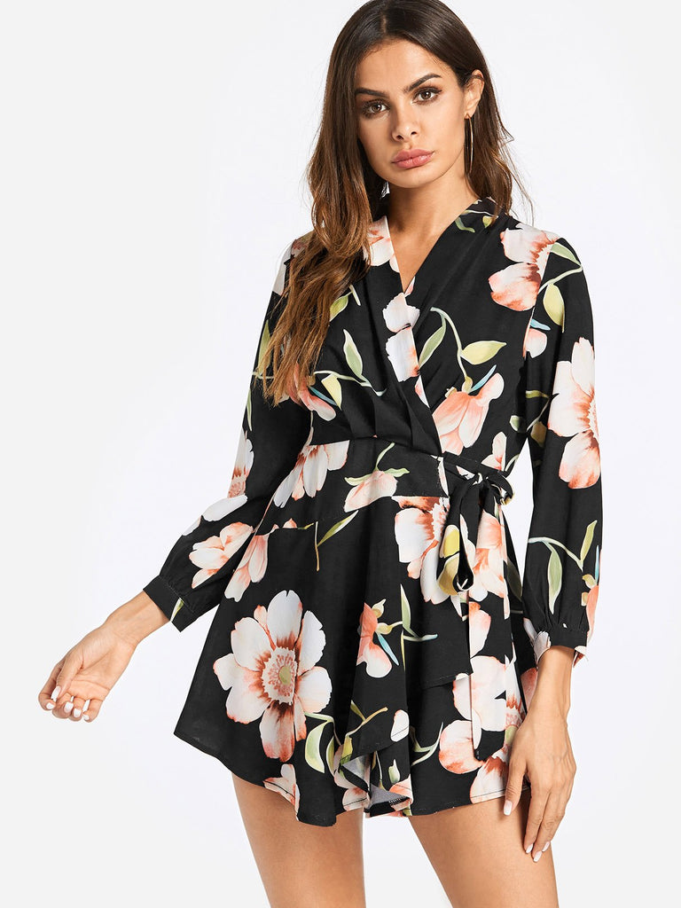 Black V-Neck 3/4 Sleeve Floral Print Self-Tie Irregular Hem Mini Dress