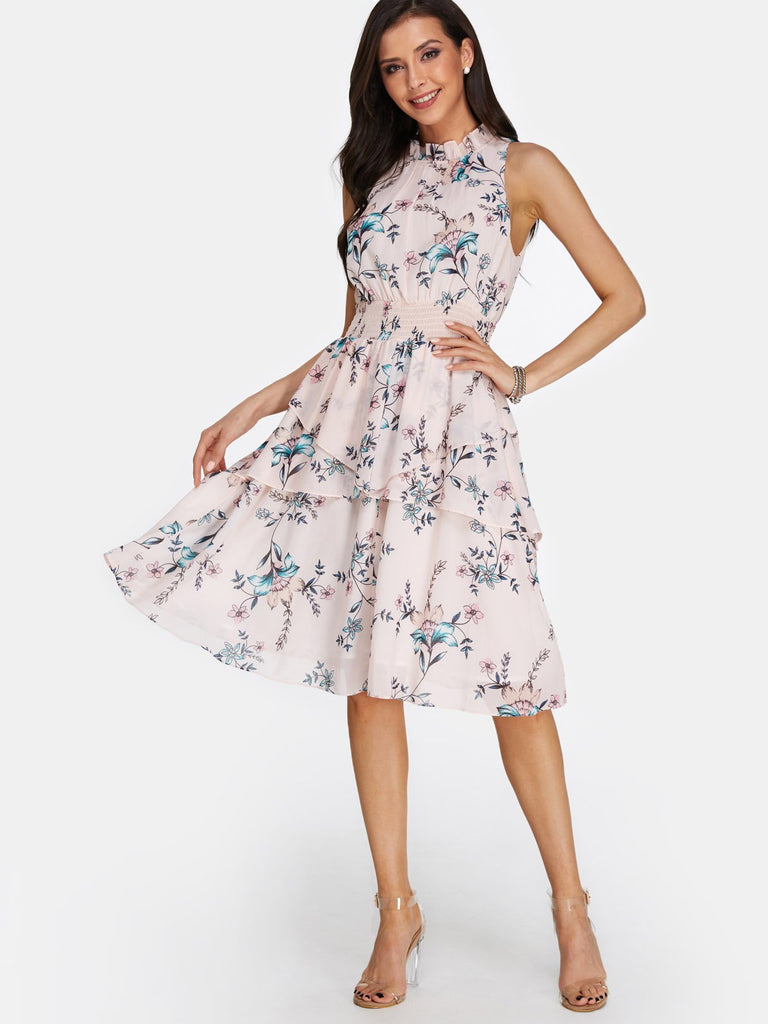 Light Pink Crew Neck Sleeveless Floral Print Cut Out Dresses