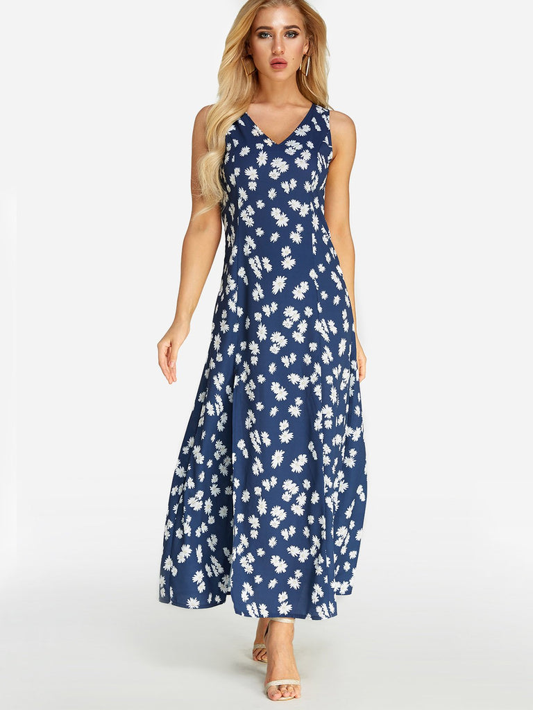 Navy V-Neck Sleeveless Floral Print Slit Hem Maxi Dress