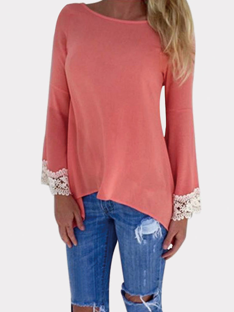 Round Neck Sheer Lace Long Sleeve Irregular Hem Watermelon Red T-Shirts