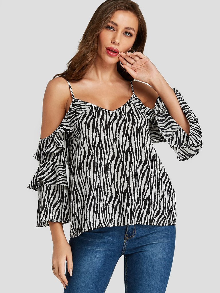 Cold Shoulder Zebra Long Sleeve T-Shirts