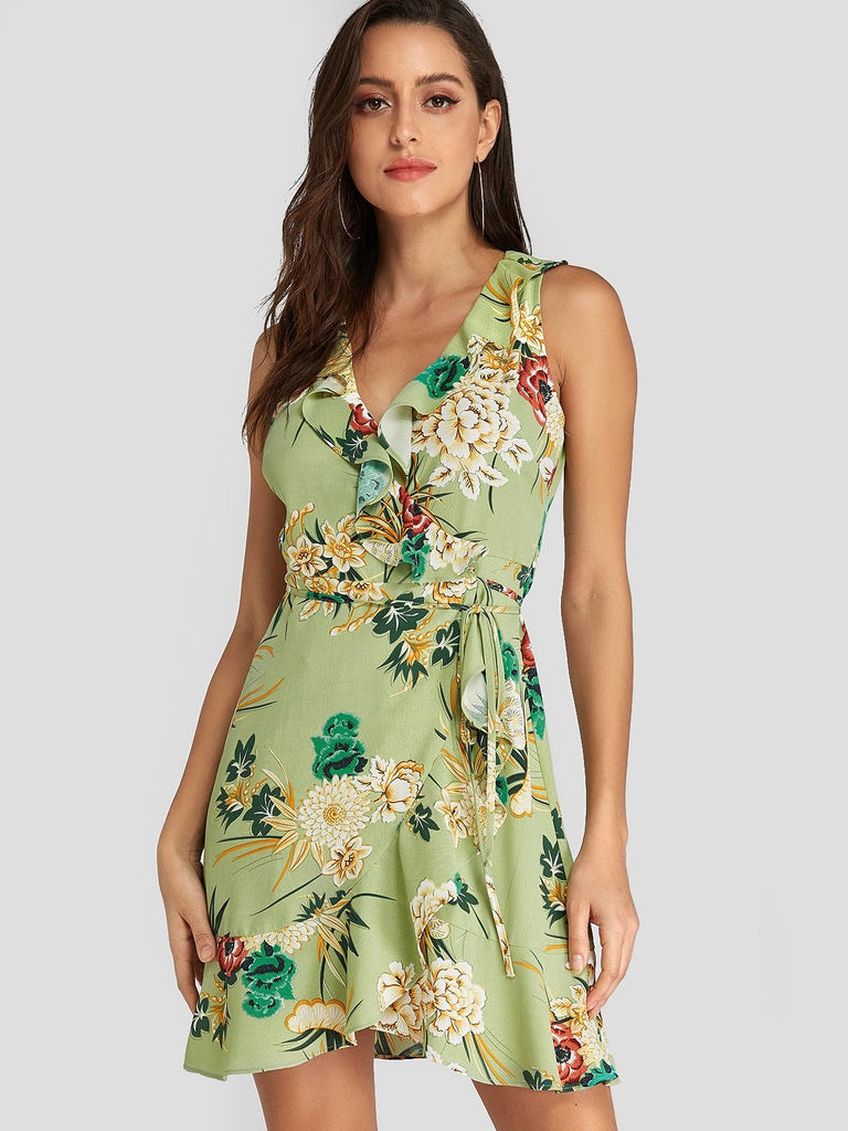 Green V-Neck Sleeveless Floral Print Self-Tie Flounced Hem Dresses