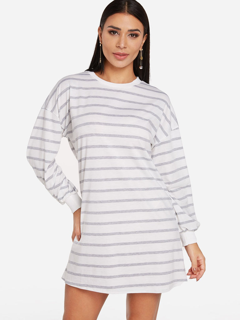 White Round Neck Long Sleeve Stripe Shirt Dress