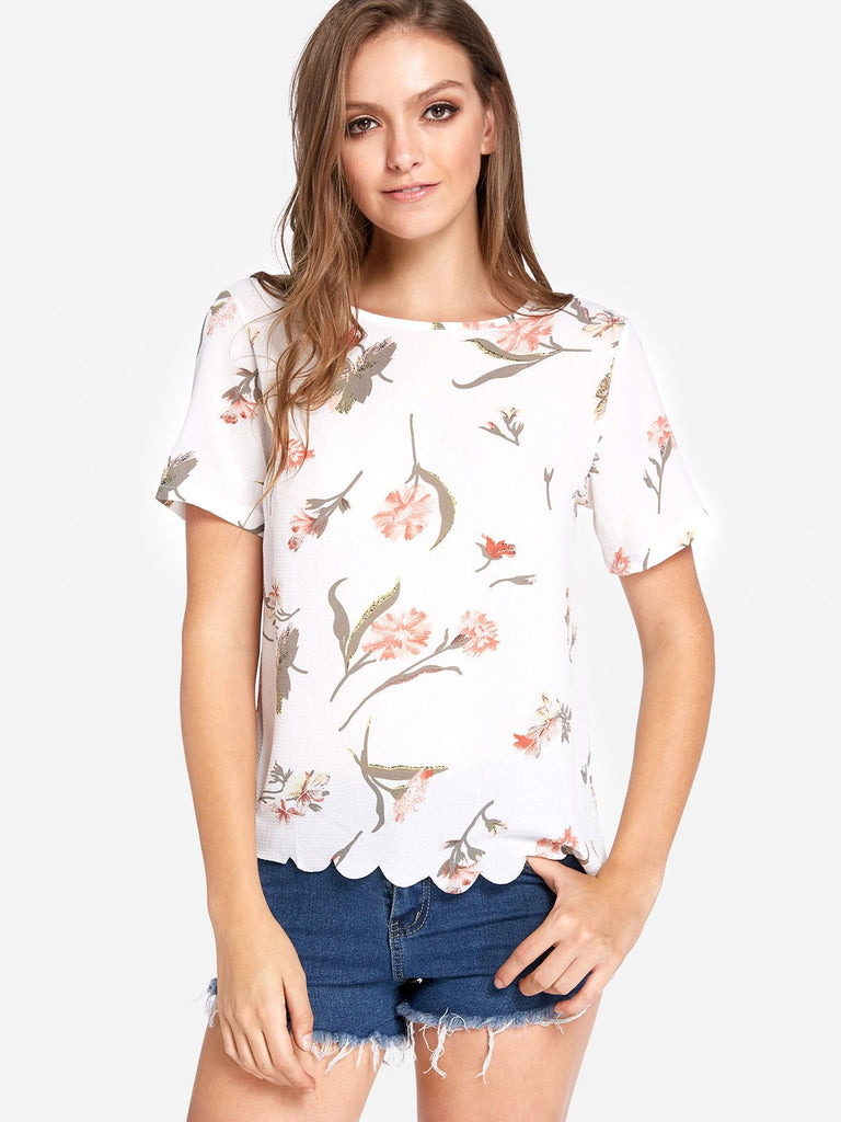 Round Neck Floral Print Short Sleeve T-Shirts