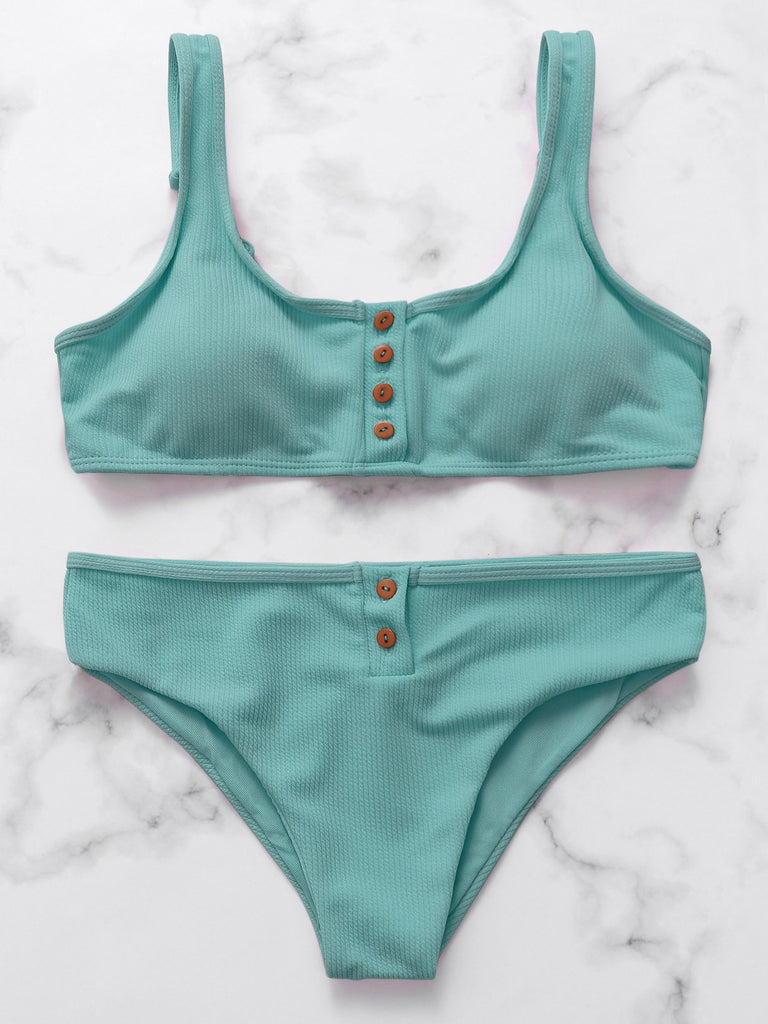 Scoop Neck Button-Down Bikini Set Swimwear