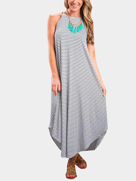 Halter Sleeveless Stripe Irregular Hem Maxi Dress