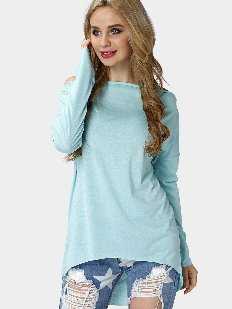 Round Neck Plain Long Sleeve Blue T-Shirts