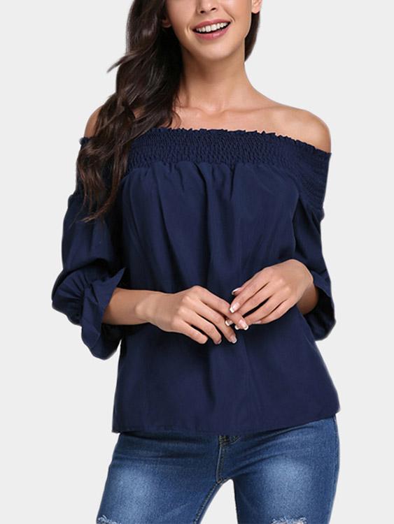 Off The Shoulder Lace-Up 3/4 Sleeve Navy T-Shirts