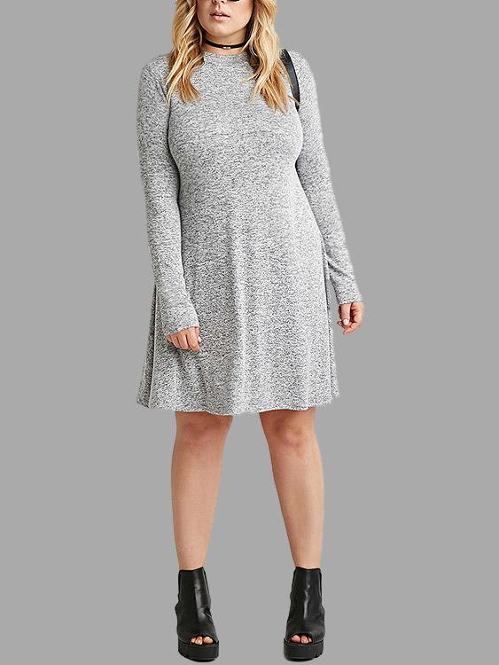 Crew Neck Long Sleeve Grey Plus Size Dresses