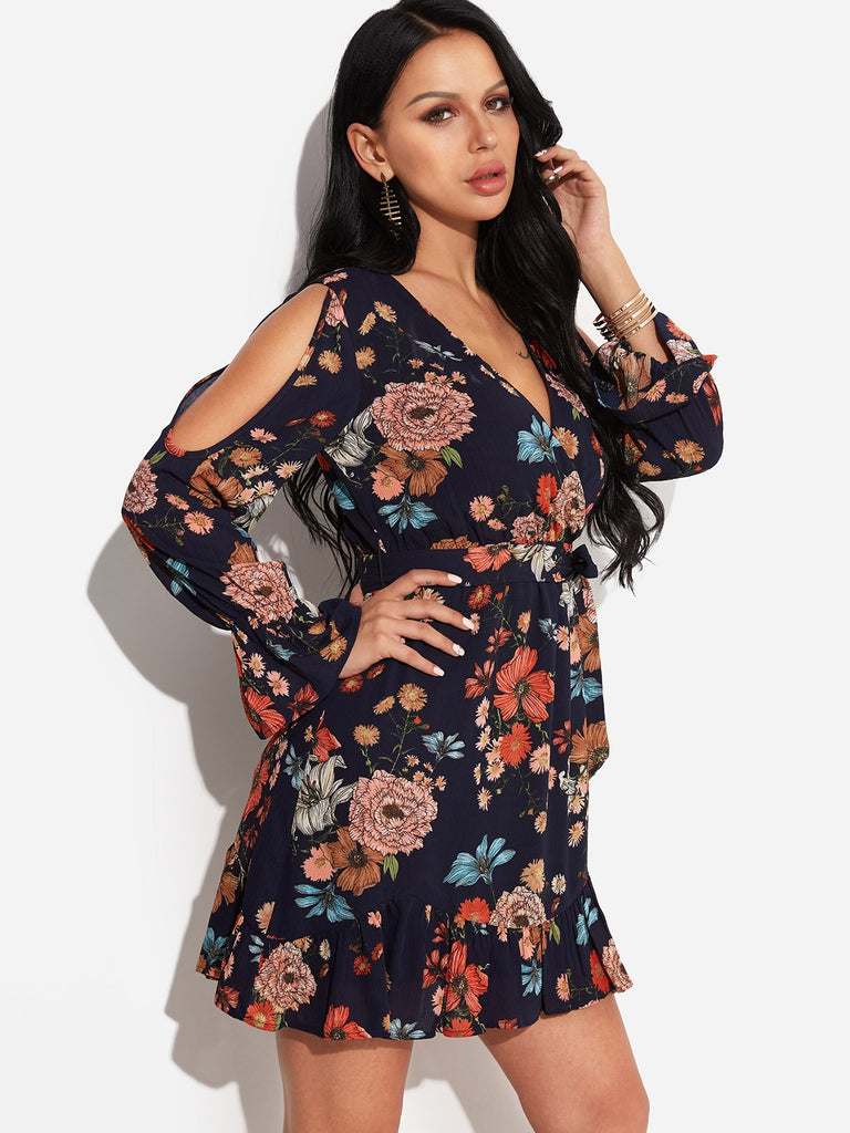 Navy V-Neck Long Sleeve Floral Print Cut Out Wrap Dresses