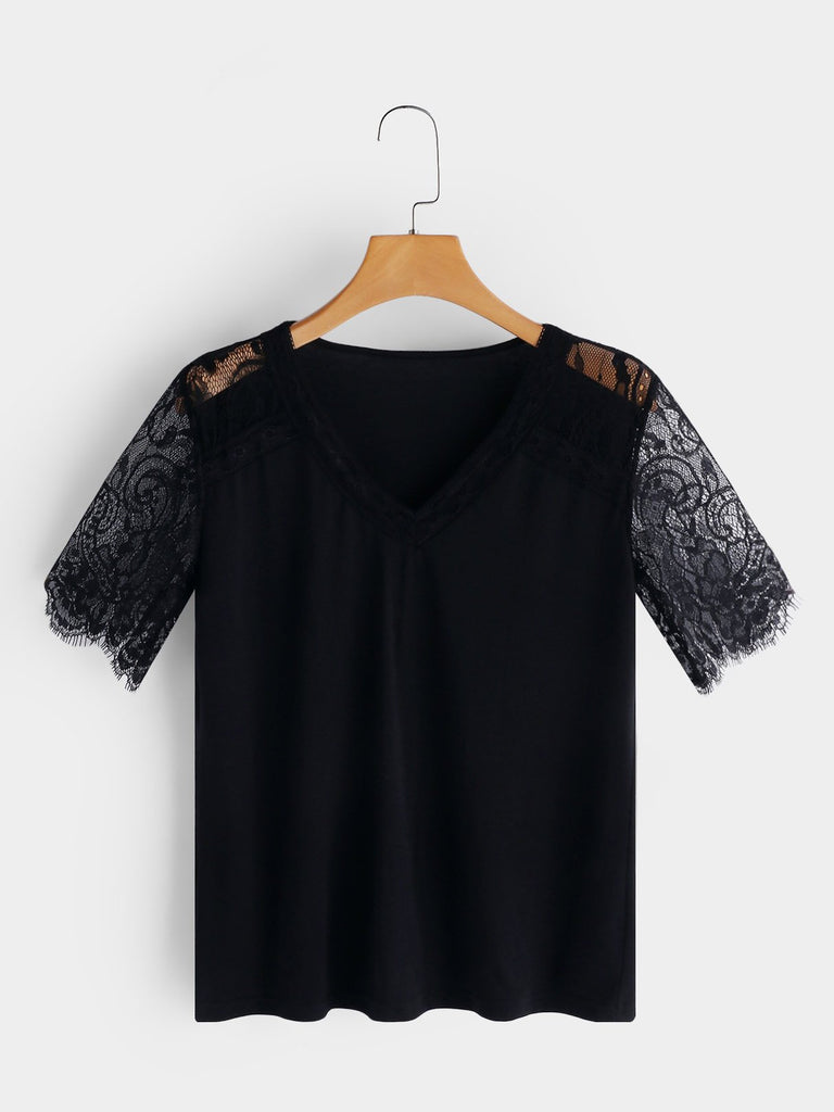 V-Neck Lace Short Sleeve Black Top