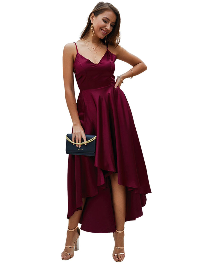 Red V-Neck Sleeveless Plain Backless Self-Tie High-Low Hem Maxi Dress