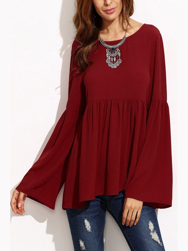 Plain Long Sleeve Burgundy Blouses