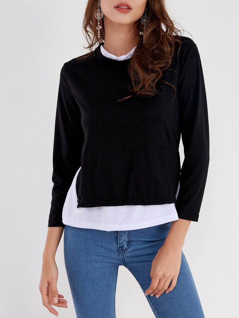 Round Neck Long Sleeve Slit Hem T-Shirts