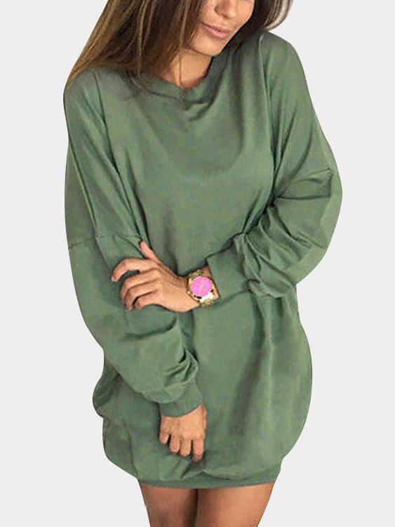 Green Round Neck Long Sleeve Plain Bodycon Hem Shirt Dresses