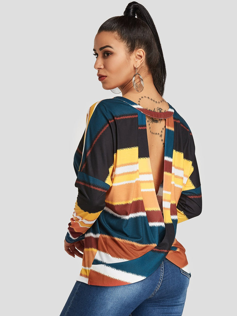 Round Neck Stripe Backless Long Sleeve T-Shirts