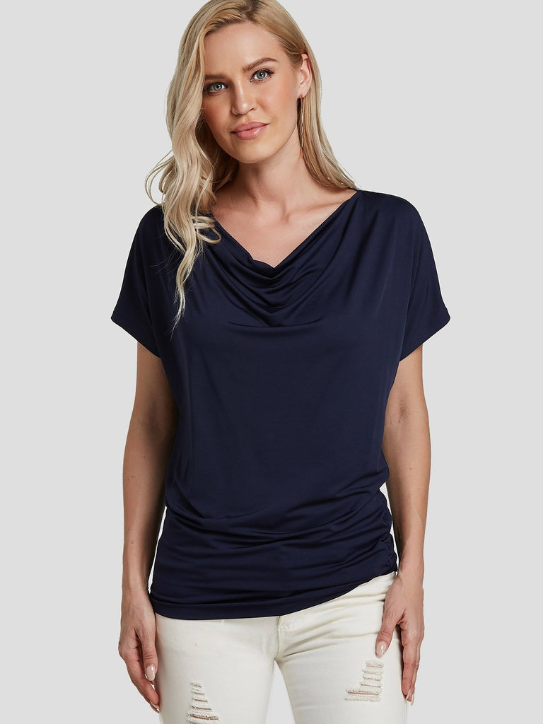 Drape Sagging Plain Pleated Short Sleeve T-Shirts