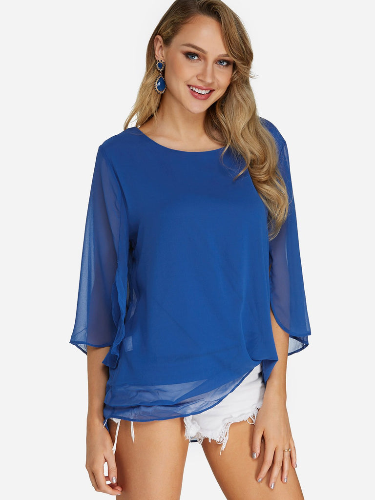 Round Neck Plain Tiered 3/4 Sleeve Blouses
