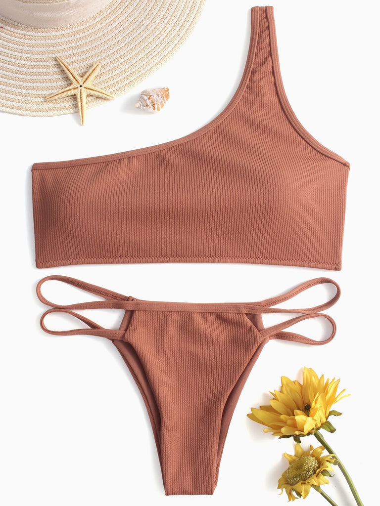 One Shoulder Sleeveless Khaki Bikini Set