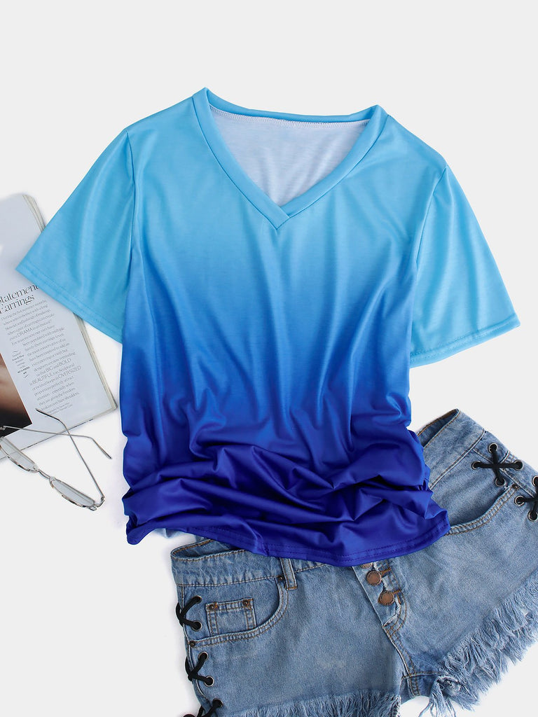 V-Neck Plain Short Sleeve Curved Hem Blue T-Shirts