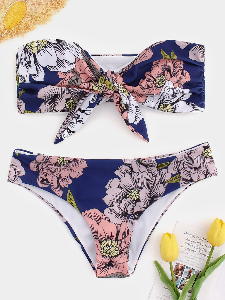 Strapless Sleeveless Floral Print Bikini Set
