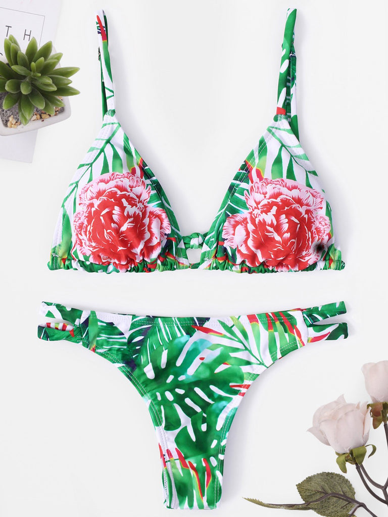 Halter Sleeveless Floral Print Backless Lace-Up 2 Piece Bikinis