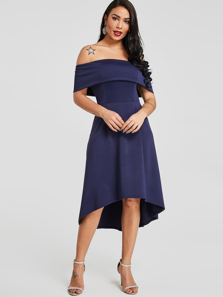 Ladies Dark Blue Off The Shoulder Dresses