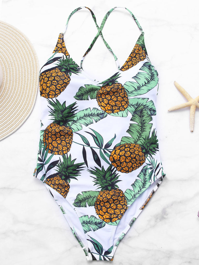 White V-Neck Printed Lace-Up One-Pieces Swimwear