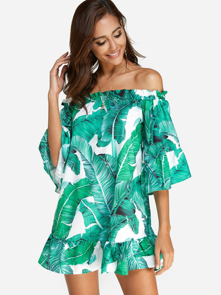 Green Off The Shoulder 3/4 Sleeve Length Floral Print Backless Flounced Hem Dresses