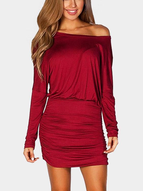 Red Off The Shoulder Long Sleeve Plain Bodycon Mini Dresses