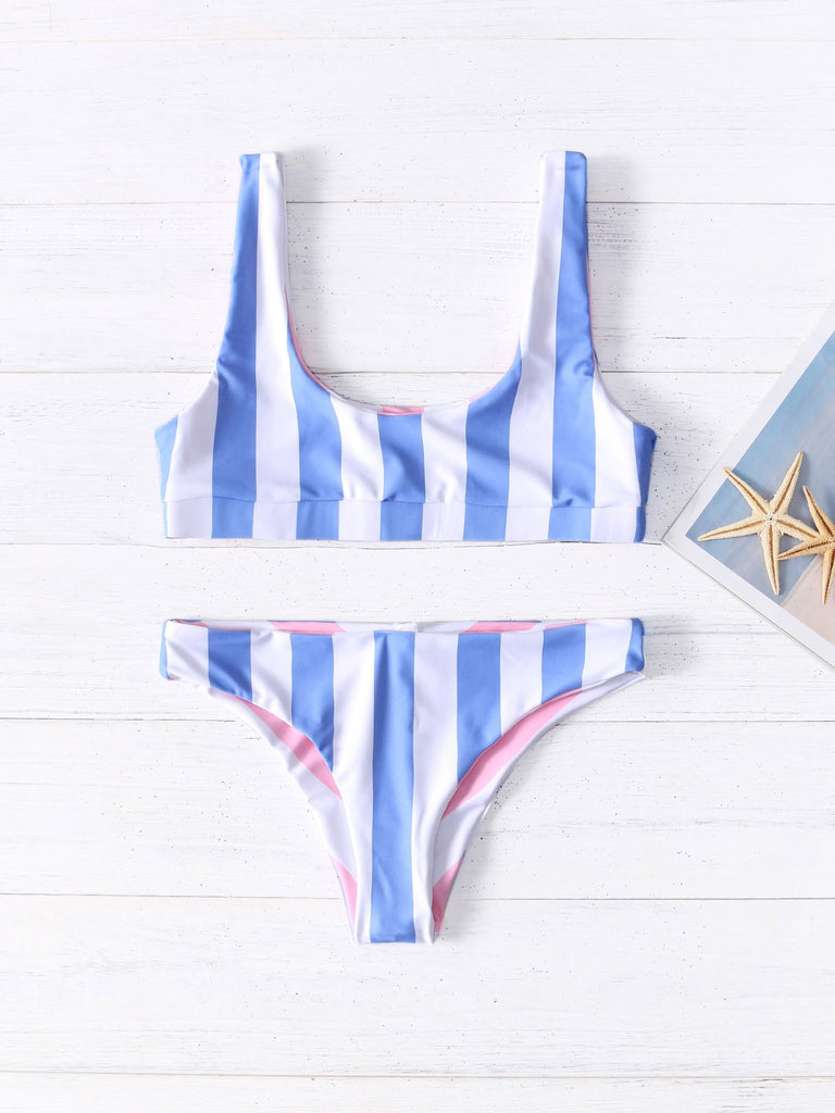 Scoop Neck Stripe Backless Sleeveless Blue Bikinis