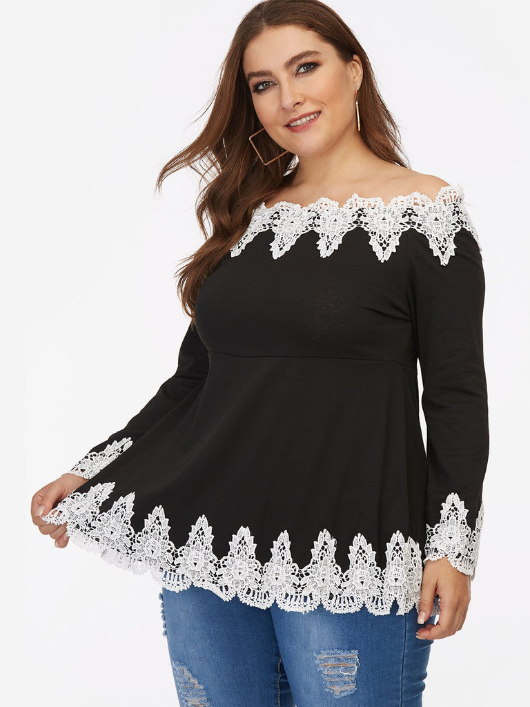 Off The Shoulder Plain Lace Long Sleeve Plus Size Tops