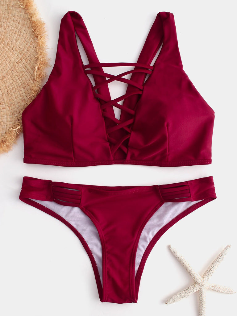 V-Neck Backless Criss-Cross Sleeveless Burgundy Bikinis