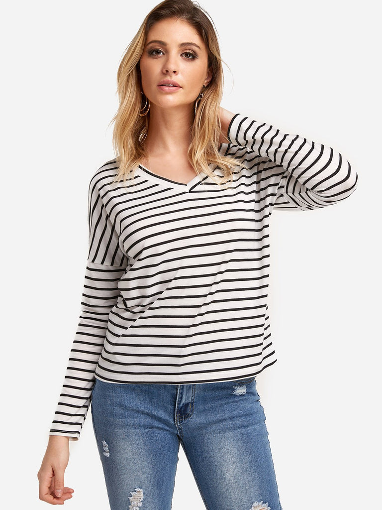 V-Neck Stripe Long Sleeve White T-Shirt