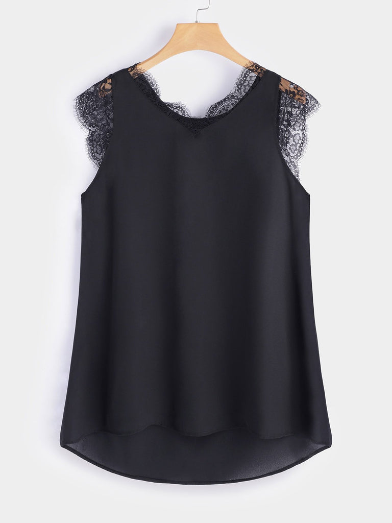 V-Neck Lace Short Sleeve Irregular Hem Black T-Shirts