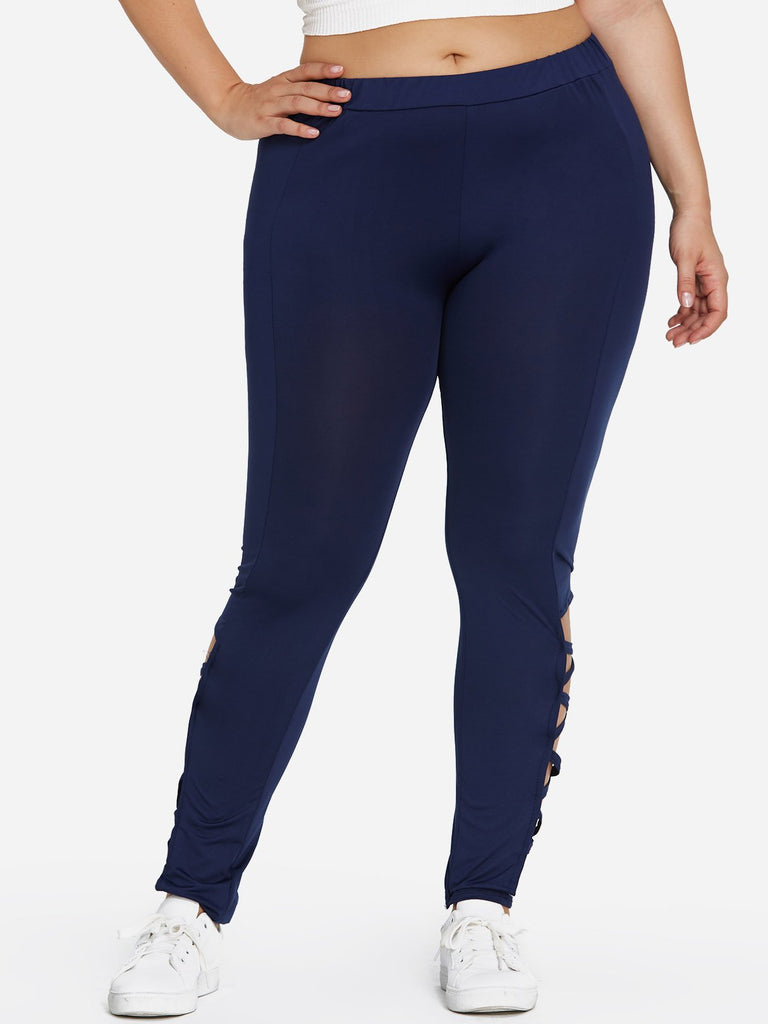 Plain Lace-Up Navy Plus Size Bottoms