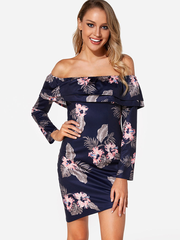 Navy Off The Shoulder Long Sleeve Floral Print Tiered Irregular Hem Dresses