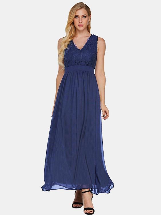 V-Neck Sleeveless Lace Tiered Maxi Dress