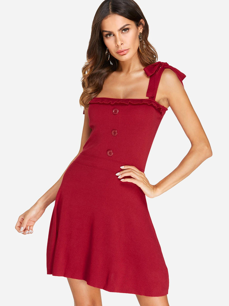 Red Square Neck Sleeveless Backless Self-Tie Mini Dress