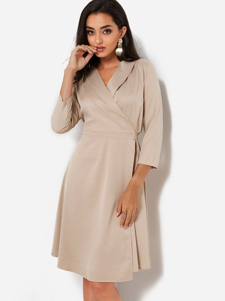 Beige V-Neck 3/4 Length Sleeve Lace-Up Wrap Dresses