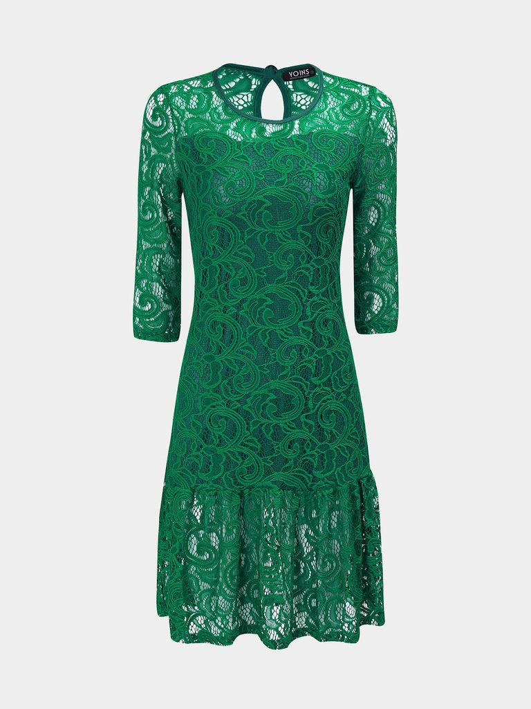 Green Hollow Out Lace Midi Dress