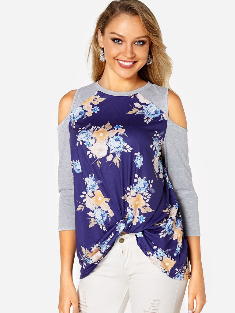 Round Neck Cold Shoulder Floral Print 3/4 Sleeve Navy T-Shirts