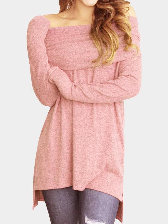 Off The Shoulder Long Sleeve Irregular Hem Pink T-Shirts