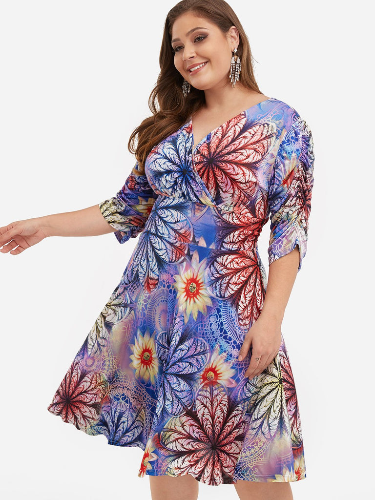 V-Neck Floral Print Wrap 3/4 Sleeve Blue Plus Size Dress