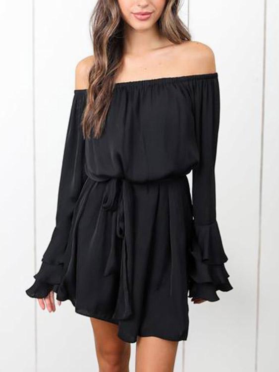 Black Off The Shoulder Long Sleeve Plain Ruffle Hem Mini Dress