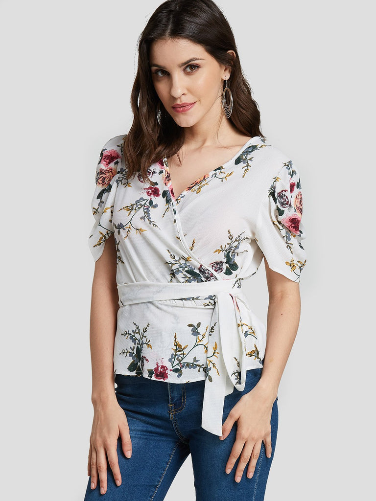 V-Neck Floral Print Short Sleeve White Blouses